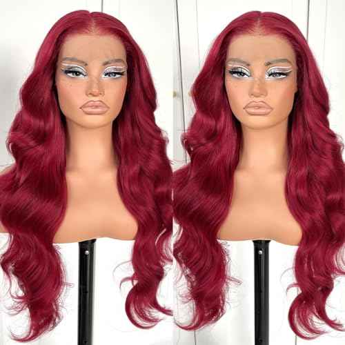 99j Burgundy Lace Front Wigs Pre Plucked Gluless Red Body Wave Lace Front Wigs Synthetic HD Lace Front Wig for Black Women 24 Inch