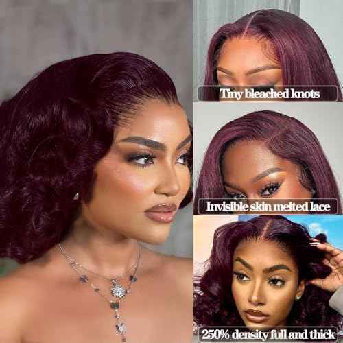 250% Full Density 99J Burgundy Lace Front Wigs Human Hair 13x4 Short Bob Wigs Human Hair Glueless Wear and Go Loose Deep Wave Wig Pre Plucked Pre Bleached Red Wig Human Hair (18inches)