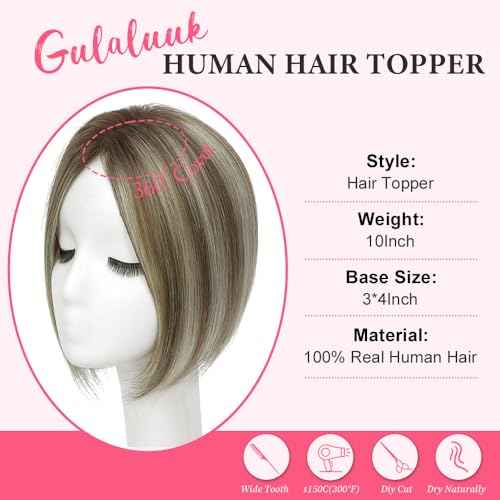 Hair Toppers for Women Real Human Hair Topper for Women with No Bangs Hairpieces Comfortable and Breathable 10 Inch Swiss Base 3D 360¡ÆCover Glue-free (Medium Brown with Ash Blond Highlights)