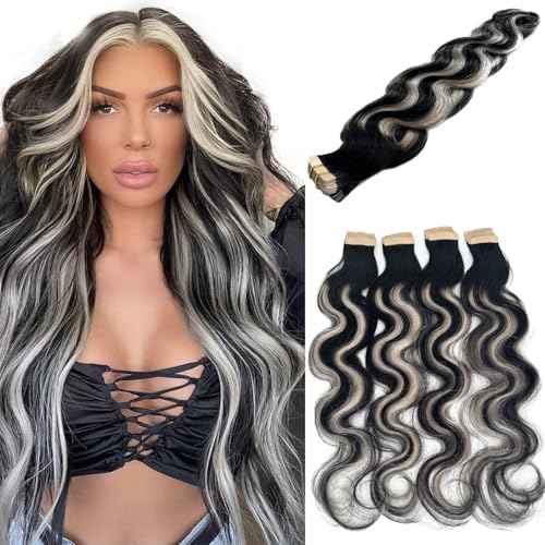 Tape in Hair Extensions Human Hair 24 Inch Body Wave Black Hair Balayage Silver Grey Highlights Hair Extensions Real Human Hair Tape ins for Black Women 20 PCS Double Sided Tape Hair Extension 50G