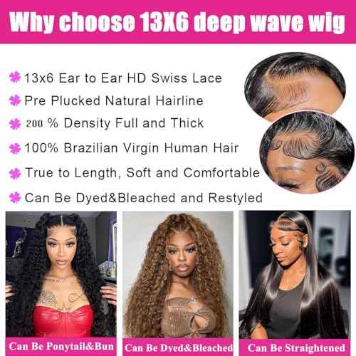 26 Inch Deep Wave Lace Front Wigs Human Hair 180% Density 13x6 HD Lace Frontal Wigs Human Hair Pre Plucked with Baby Hair Deep Curly Wigs for Black Women Natural Color