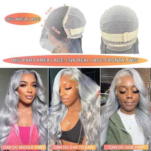 13X6 Silver Grey Lace Front Wig Human Hair Body Wave HD Transparent Grey Lace Front Wigs Human Hair Wear and Go Glueless Wig Preplucked with Baby Hair 24 Inch Gray Hd Lace Frontal Wigs for Black Women