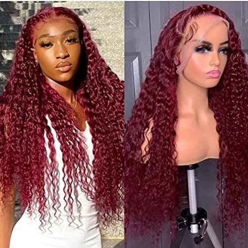 Burbundy 99j Deep Wave Curly Lace Front Wigs Human Hair Pre Plucked Red Colored Hd 13x4 Lace Frontal Wigs for Black Women Wig(99J, 28 Inch)