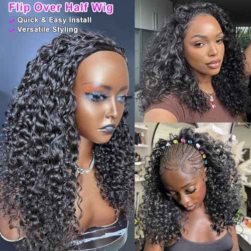 BLG Water Curly Half Wig Human Hair 250% Density 15A Messy Loose Curly 3 In 1 Seamless Half Wigs 18 Inch Quick Install Wear and Go Drawstring Wig Beginners Friendly Glueless Wigs Invisible Hairline