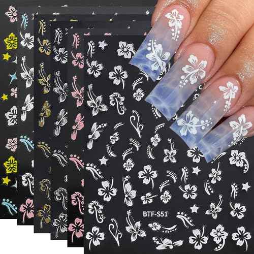 Flower Nail Stickers, Hibiscus Nail Decals 3D Self-Adhesive White Pink Gold Flower Pattern Summer Hibiscus Nail Design Manicure Tropical Accessories for Women Girls(6Sheets)