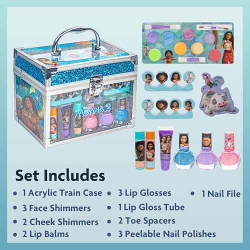 Moana 2 Train Case Beauty Set, Kids Makeup Kit for Girls, Real Washable Makeup Set, Play Makeup, Party Favor, Birthday, Ages 3 4 5 6 7 8 9 10 11 12 by Townley Girl