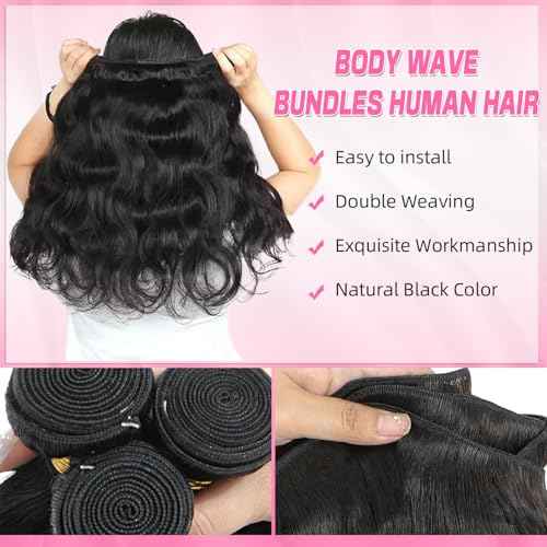 Body Wave Bundles Human Hair 12A Human Hair Bundles 10 12 14 Inch Brazilian Virgin Hair Extensions 100% Unprocessed Human Hair Body Wave 3 Bundle Natural Color