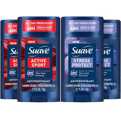 Suave Antiperspirant Deodorant for Men Variety 4-Pack ? Active Sport, Bergamot & Wood + Stress Protect, Lavender & Cedarwood, 48H Sweat & Odor Protection, 2.7 Oz Ea