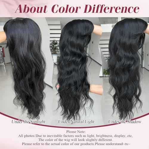 LEOSA Black Wig for Women,Long Wavy Layered Wig with Curtain Bangs 26 Inch Middle Part Curly Wavy Synthetic Wig for Daily Party Use,Natural Black