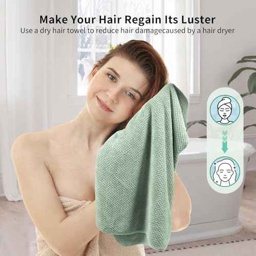 2 Pack Extra Large Microfiber Hair Towel Wrap, 37.4" x 26.4" for Women, Super Absorbent & Quick Dry Hair Towel with Elastic Strap for Curly Hair Green