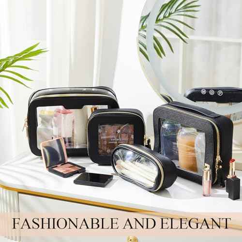 4 Pcs Leather Clear Makeup Bags Set for Women Travel Clear Cosmetic Case Toiletry Bags with Zipper Makeup Brush Case Waterproof Organizer Storage for Women Men Travel Accessories, 4 Sizes(Black)