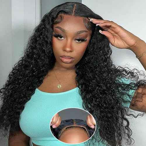 Glueless Wigs Human Hair Pre Plucked Pre Cut 4x4 Lace Closure Deep Wave Wig 180% Density Wear and Go Human Hair Curly Wigs for Black Women Natural Black Color with Baby Hair Small Head Friendly 28Inch
