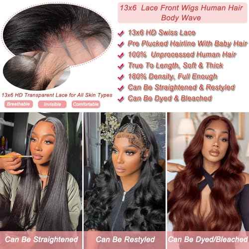 28 Inch 13x6 Body Wave Lace Front Wigs Human Hair Pre Plucked Glueless Wigs Human Hair 180% Density Body Wave 13x6 HD Transparent Frontal Wigs Human Hair Lace Front Wigs for Black Women