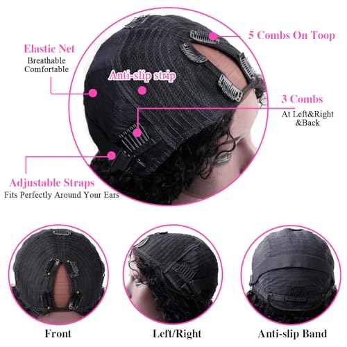 Curly V Part Wig Human Hair Brazilian Virgin Human Hair Wigs for Black Women Upgrade U Part Wigs Glueless Full Head Clip In Half Wig No Leave Out 180% Density Natural Black 20 Inch