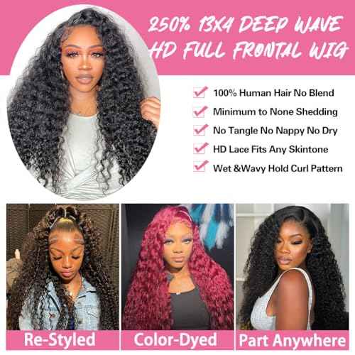 250 Density Deep Wave Lace Front Wigs Human Hair Curly Wig Wet and Wavy Lace Front Wigs Pre Plucked Frontal Wigs 28 Inch 100% Real Human Hair No Synthetic No Tangle No Shedding Triple Lifespan 3X