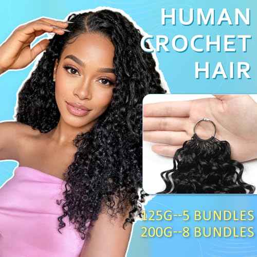 Curly Human Crochet Hair for Black Women Natural Black 16 Inch 125g Knotless Crochet Human Hair Pre-Separated Crochet Braiding Human Hair Extensions 100 Strands