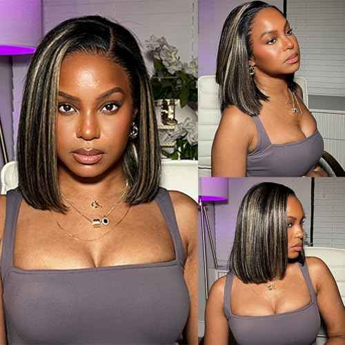 Bob Wig Human Hair Highlight Ombre 13x4 HD Transparent Lace Front Wigs 1b/27 Black and Blonde Wig Human Hair Pre Plucked with Baby Hair 180 Density Short Bob Wigs 10 Inch