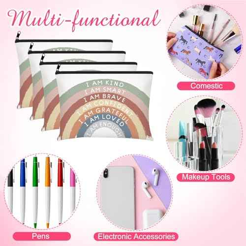 Chunful 10 Pieces Inspirational Canvas Makeup Bags for Women Graduation Gift Rainbow Canvas Cosmetic Bags Bulk with Zipper Friendship Gift Travel Toiletry Pouch(Motivation)