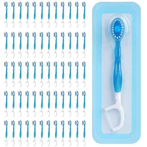 60 Count Disposable Mini Travel Toothbrushes Individually Wrapped, 5-in-1 Pre-Pasted Mini-Brush+Floss+Pick+Tongue Scraper, On The Go Portable Toothbrush with Freshening Bead, Coolmint