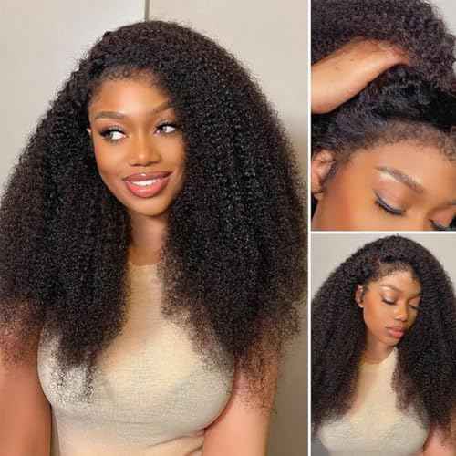 Afro Kinky Curly Human Hair Wig 4x4 HD Lace Front Wigs 210 Density Glueless Wigs Human Hair Pre Plucked Brazilian Kinky Curly Wigs in Curly Edges for Black Women