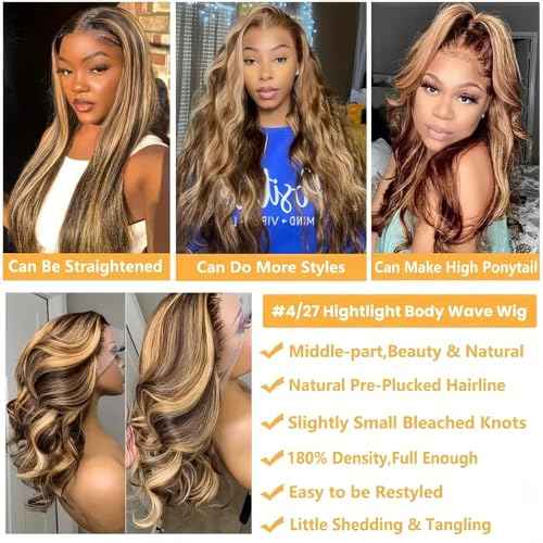 24 Inch Highlight Ombre 13x6 Lace Front Wig Human Hair Body Wave Honey Blonde Glueless HD Transparent Lace Frontal Wigs for Women 200% Density Human Pre Plucked with Baby Hair
