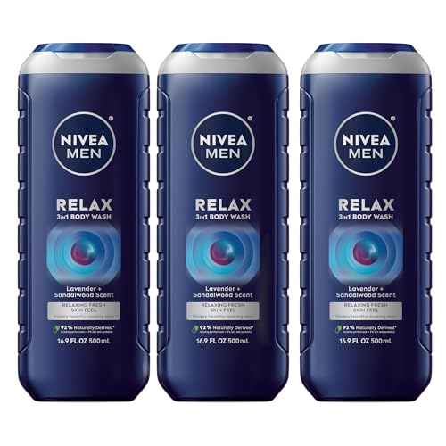 NIVEA Men Relax Body Wash, Lavender and Sandalwood Scent, 3-in-1 Men's Body Wash, Face and Hair, Paraben Free, Vegan Formula, pH-Skin Friendly, 16.9 Fl Oz Bottle, Pack of 3