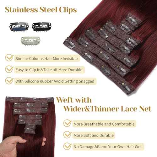 Clip in Hair Extensions Real Human Hair, Burgundy Red ? 16 Inch 7pcs 70g/Pack, Soft Hair Extensions Real Human Hair Clip ins Straight for Women, Capable for all Occasion (#99J 16 Inch)
