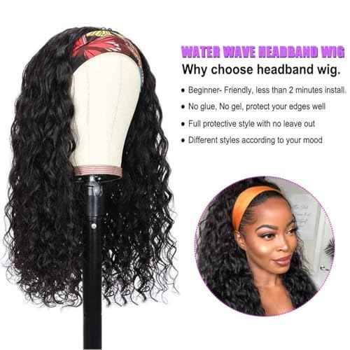 Headband Wig Human Hair Water Wave None Lace Front Glueless Curly Wig With Pre-Attached Scarf For Black Women Put And Go Wig Natural Beginner-Friendly 14 Inch