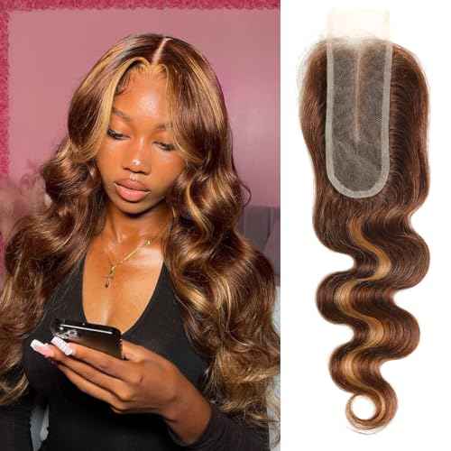 ALHER Long Deep Part 2x6 Closure Body Wave Honey Blonde Highlight, Ombre Brown and Blond 2x6 Kim K Transparent HD Lace Closure Pre Plucked With Baby Hair, #P4/27 Color Real Human Hair 12 Inch