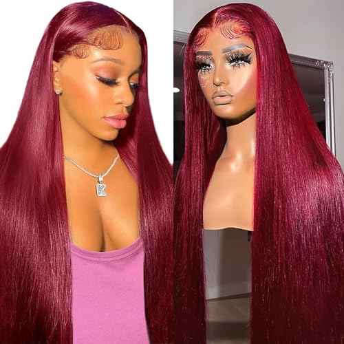 30 Inch 99j Burgundy Lace Front Wigs Human Hair 13x6 HD Glueless Straight Lace Frontal Wigs 99J 200% Density Brazilian Virgin Human Hair Wigs for Women Pre Plucked with Baby Hair