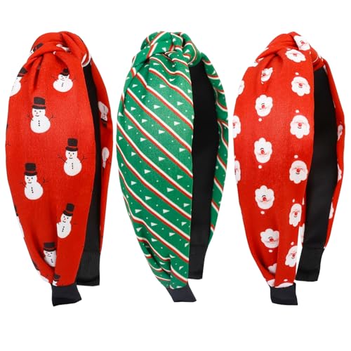 Huachi Christmas Headbands for Women Girls Holiday Knotted Head Bands Festive Top Knot Headband Red Green Hair Hoops 3PCS Christmas Gifts Hair Accessories for Women