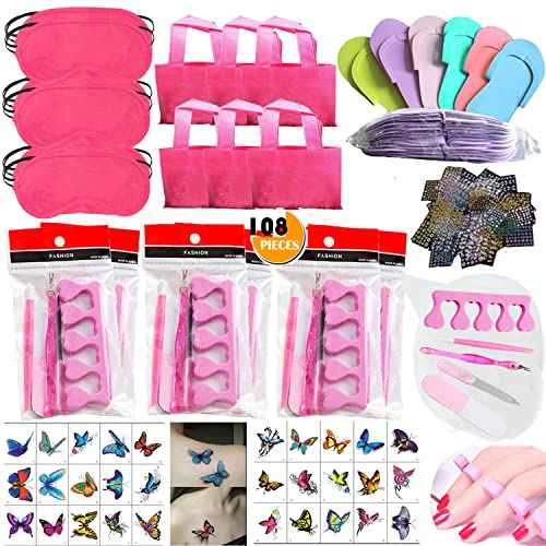 108PC Spa Party Favors Supplies for Girls, Multiple Spa Birthday Prize Item- Spa Pedicure Slipper Tote Bag Mini Emery Board Toe Separator Body Flower Mixed Nail Decal Set, Perfect Gift for Spa Day