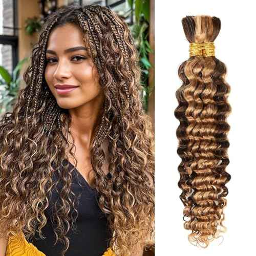 Human Braiding Hair for Boho Braids 110g 18 Inch Deep Wave Boho Bulk Human Hair for Braiding Knotless 12A Wet and Wavy Bohemian 2 No Weft Bundles/Pack Curly Braids Natural Color 4/27