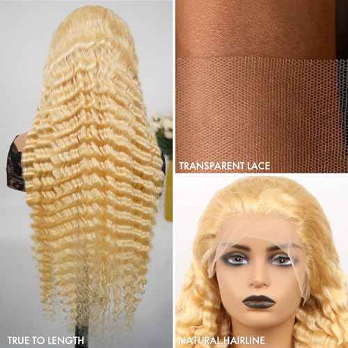 ELISHEVA 613 Lace Front Wig Human Hair Deep Wave 28 Inch Blonde Wig Human Hair 16A 13x4 HD 613 Blonde Lace Front Wigs Deep Wave 180% Density Curly Blonde Frontal Wig 613 Wig Pre Plucked