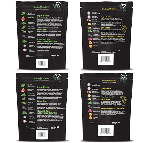 DAILY REMEDY 4-Pack Foot Soak Set - 2 Extra Strength Tea Tree Oil & 2 Citrus Detox - Made In USA - Soothes Tired Feet, Athletes Foot, Stubborn Foot Odor, Softens Calluses & Refreshes & Detoxifies