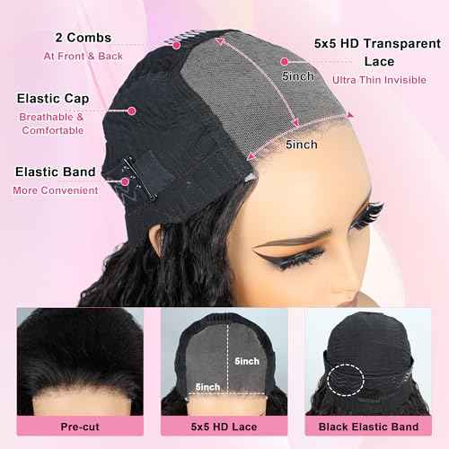 Wear and Go Glueless Wigs Human Hair Pre Cut 200% Density Water Wave 5x5 HD Lace Closure Wigs Human Hair with Baby Hair Pre Plucked Natural Hairline Wet and Wavy Wig for Women 22 Inch