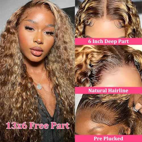 ITODAY 28 Inch Highlight Ombre Lace Front Wig Human Hair 13x6 HD Honey Blonde 4/27 Deep Wave Jerry Curly Lace Frontal Wigs Glueless Wigs Human Hair