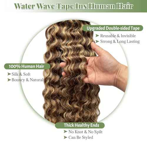 Water Wave Tape in Hair Extensions Strawberry Blonde Ombre Remy Thick Tape ins Human Hair Extensions Seamless Invisible Double Sided Skin Weft Curly Wavy Tape ins 22in 50Grams Add Volume