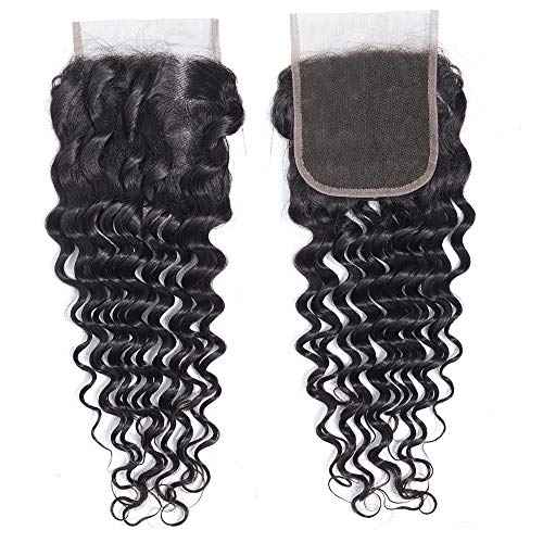 10A Deep Wave Human Hair Bundles with Closure(18 20 22+16 Closure) Brazilian Deep Weave Curly Human Hair 3 Bundles with 4x4 Lace Closure 100% Unprocessed Virgin Human Hair Bundle Natural Color