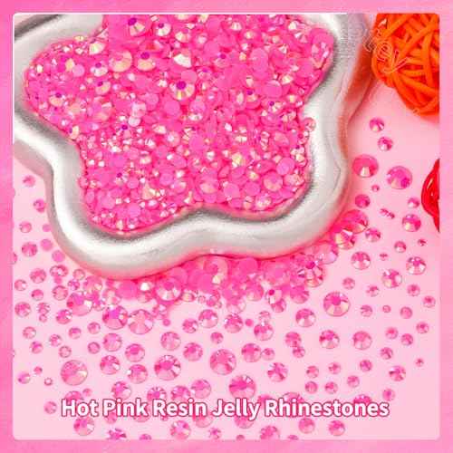 16000 Pcs Resin Rhinestones for Crafting, Flatback Hot Pink Gems Jelly Rhinestones, Mixed Sizes Pink Bedazzling Crystal with Pickup Tool for DIY Crafts Clothing Tumblers Mugs Shoes Fabric Nail Art