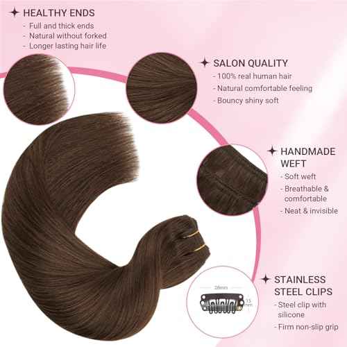 MAXITA Clip in Hair Extensions Real Human Hair, 7 pcs Chocolate Brown 22 Inch 120g, Clip ins Remy Hair Natural Straight Hair for Woman