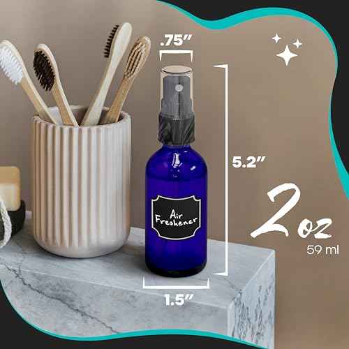 Nevlers Cobalt Blue 2 Oz Glass Spray Bottles 48 Pack | Small Spray Bottle for Hair Set w/Shrink Wrap, Funnel, Brush, Labels & Marker | UV Protected Atomizer Sprayer Glass Travel Containers for Liquids