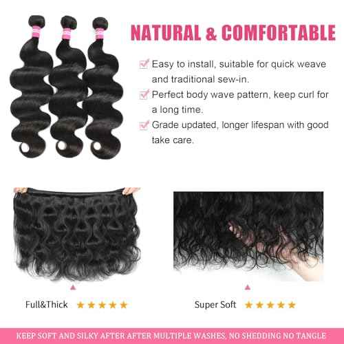 Body Wave Human Hair Bundles 18 20 22 Inch Body Wave Bundles Human Hair 100% Unprocessed 12A Brazilian Raw Virgin Hair 3 Bundles Real Human Hair Extensions Natural Color