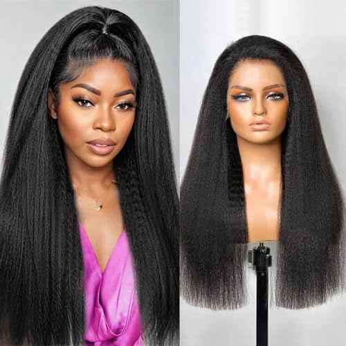 Kinky Straight Wig 13x6 Lace Front Wigs Human Hair 24 Inch Yaki Straight Human Hair Wig 200% Density Lace Front Human Hair Wigs for Black Women