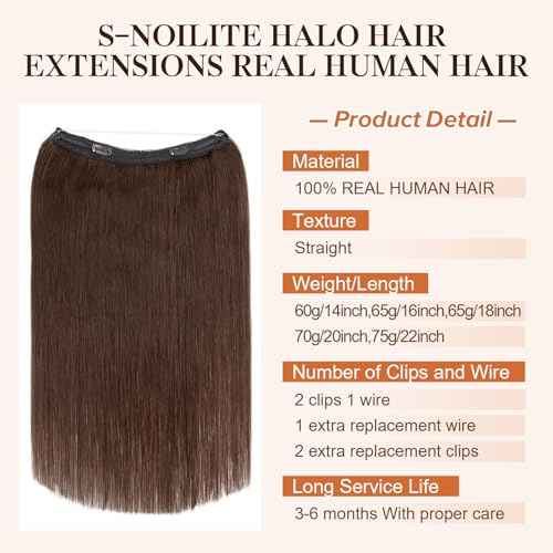 Halo Hair Extensions Real Human Hair,S-noilite Halo Hair Extensions,Halo Hair Extension for Women,100% Human Hair Halo Extensions,Halo Hair 70g/20inch 02 Dark Brown