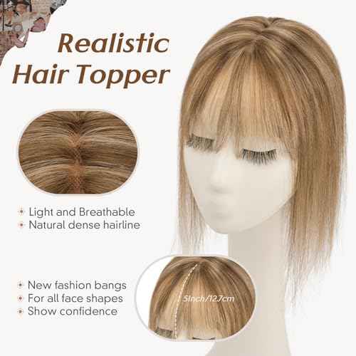 Rich Choices Hair Toppers for Women Real Human Hair 360¡Æ3D Clip in Bangs 100% Remy Human Toppers with Bang for Thinning 150% Density Lace Base 08 Inch #4P27 Medium Brown Highlight Dark Blonde