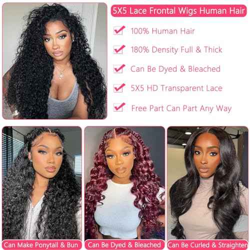 28 Inch 5x5 HD Lace Closure Wigs Human Hair Ready to Wear Glueless Wigs Human Hair Pre Plucked 180% Density Water Wave Human Hair Glueless Wigs for Black Women Curly Human Hair Wig Natural Hairline