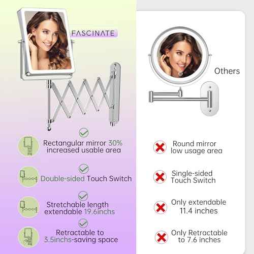 FASCINATE 5000mAh Rechargeable Wall Mounted Makeup Mirror with Lights, 8.7 Inch Double Sided Touch Switch 1X 30X Magnifying Bathroom Mirror, 3 Color Lights Dimmable Extended Arm 360¡ÆRotation (Chrome)