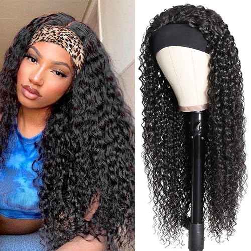Headband Wig Deep Wave Glueless Human Hair 26 Inch None Lace Front for Black Women Virgin Hair Natural Color Machine Made
