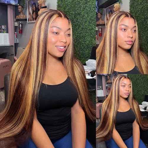 Balayage Highlights Lace Front Wig Human Hair Pre Plucked 24 Inch 13x6 HD Lace Frontal Wig Honey Blonde Highlight Outre Melted Hairline Lace Front Wig 150% Density Glusless Wigs Human Hair for Women